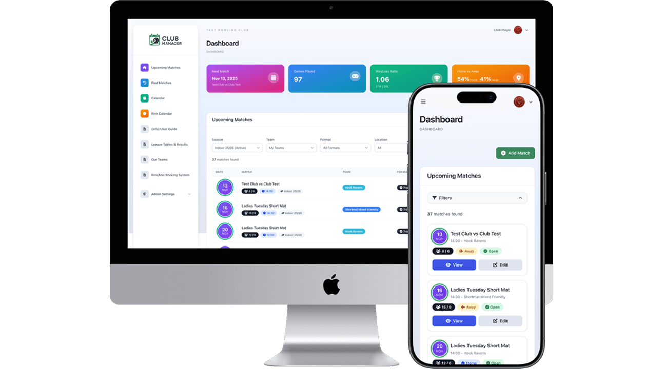 Club Manager dashboard showing membership list, upcoming fixtures, and rink booking calendar